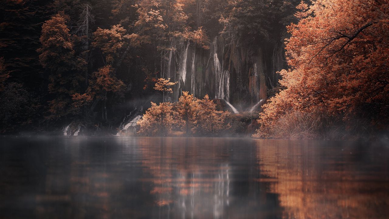 Wallpaper lake, trees, fog, autumn, landscape