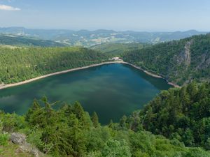 Preview wallpaper lake, trees, forest, nature, clouds, landscape