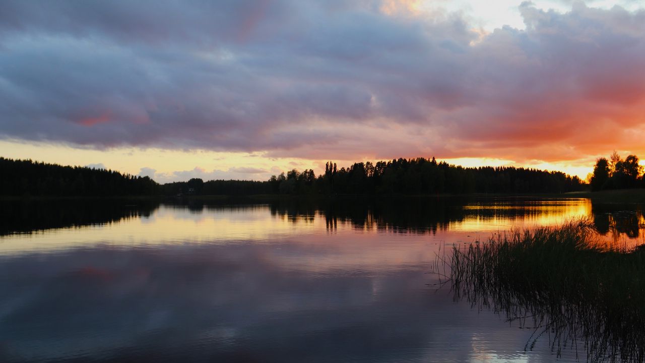 Wallpaper lake, trees, forest, clouds, sky, sunset, landscape, dark