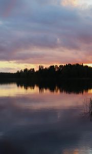 Preview wallpaper lake, trees, forest, clouds, sky, sunset, landscape, dark