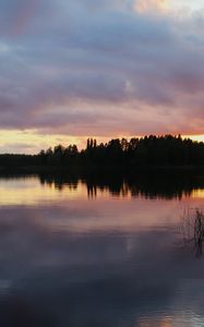 Preview wallpaper lake, trees, forest, clouds, sky, sunset, landscape, dark