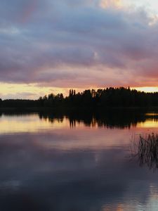 Preview wallpaper lake, trees, forest, clouds, sky, sunset, landscape, dark