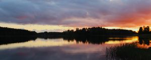 Preview wallpaper lake, trees, forest, clouds, sky, sunset, landscape, dark