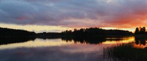 Preview wallpaper lake, trees, forest, clouds, sky, sunset, landscape, dark