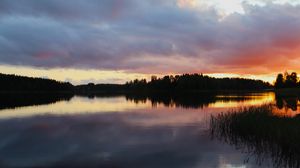 Preview wallpaper lake, trees, forest, clouds, sky, sunset, landscape, dark