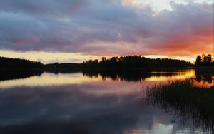 Preview wallpaper lake, trees, forest, clouds, sky, sunset, landscape, dark