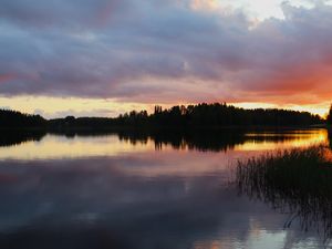 Preview wallpaper lake, trees, forest, clouds, sky, sunset, landscape, dark