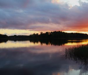 Preview wallpaper lake, trees, forest, clouds, sky, sunset, landscape, dark