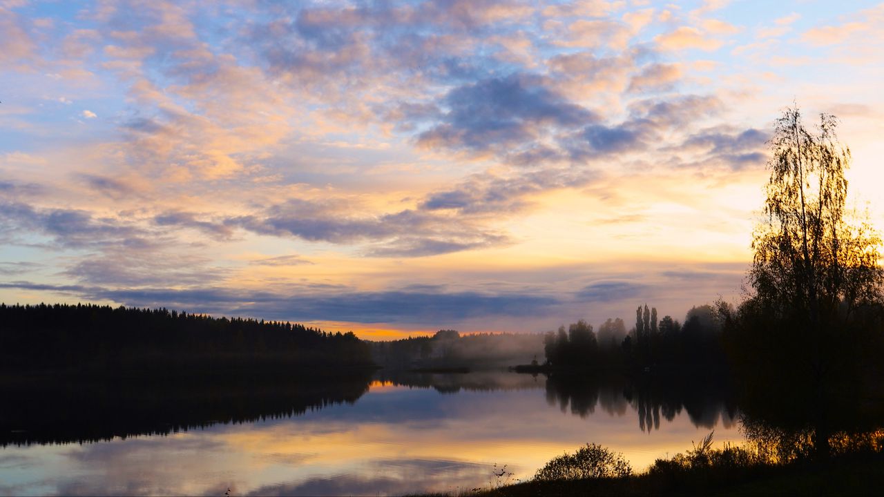 Wallpaper lake, trees, forest, clouds, sunset, reflection, nature