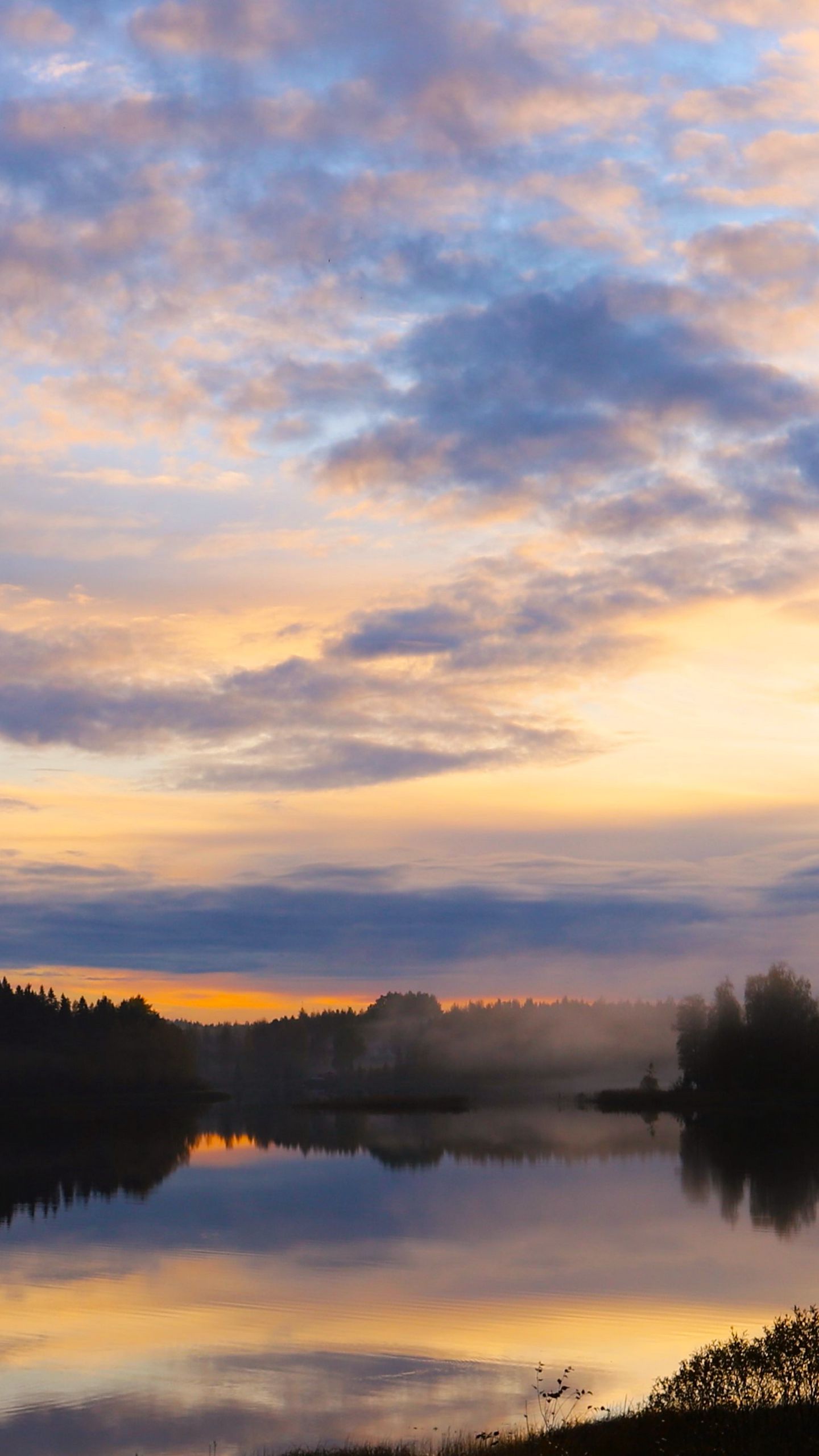 1440x2560 Wallpaper lake, trees, forest, clouds, sunset, reflection, nature
