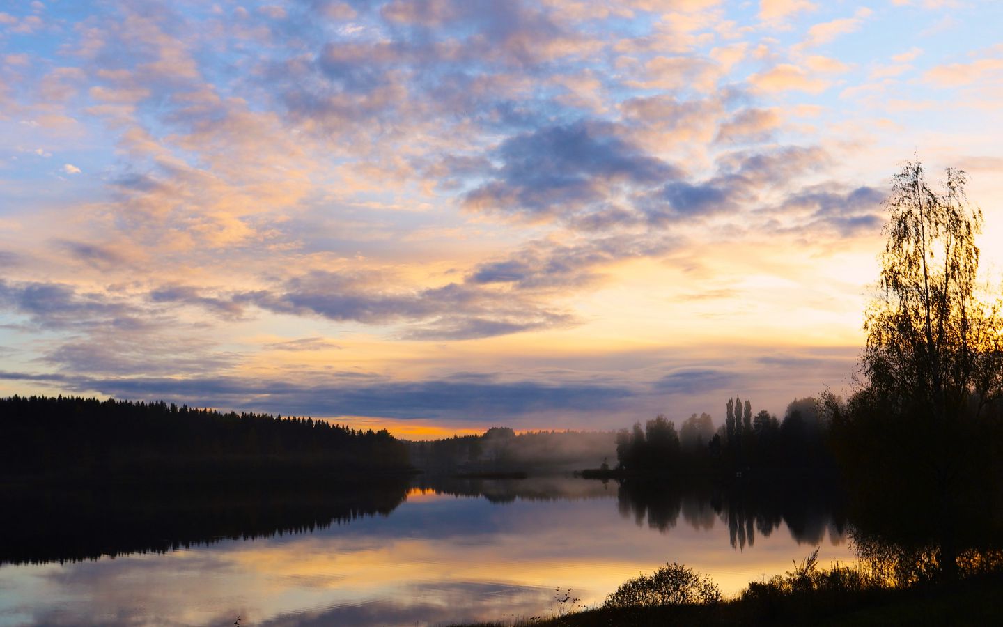 1440x900 Wallpaper lake, trees, forest, clouds, sunset, reflection, nature