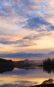 Preview wallpaper lake, trees, forest, clouds, sunset, reflection, nature