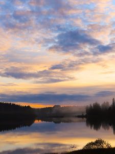 Preview wallpaper lake, trees, forest, clouds, sunset, reflection, nature