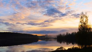 Preview wallpaper lake, trees, forest, clouds, sunset, reflection, nature