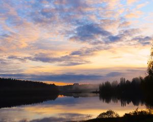 Preview wallpaper lake, trees, forest, clouds, sunset, reflection, nature