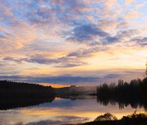 Preview wallpaper lake, trees, forest, clouds, sunset, reflection, nature