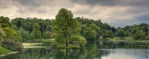 Preview wallpaper lake, trees, grass, cloudy, reflection