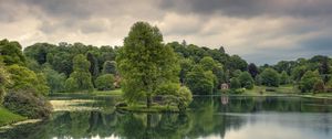 Preview wallpaper lake, trees, grass, cloudy, reflection