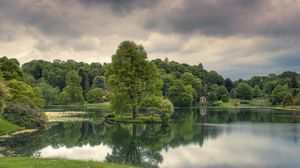 Preview wallpaper lake, trees, grass, cloudy, reflection