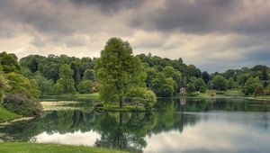 Preview wallpaper lake, trees, grass, cloudy, reflection