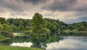 Preview wallpaper lake, trees, grass, cloudy, reflection