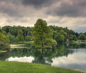 Preview wallpaper lake, trees, grass, cloudy, reflection