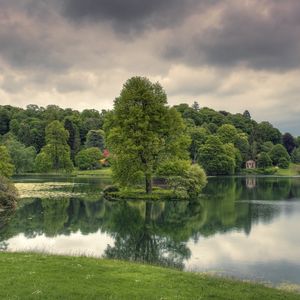 Preview wallpaper lake, trees, grass, cloudy, reflection