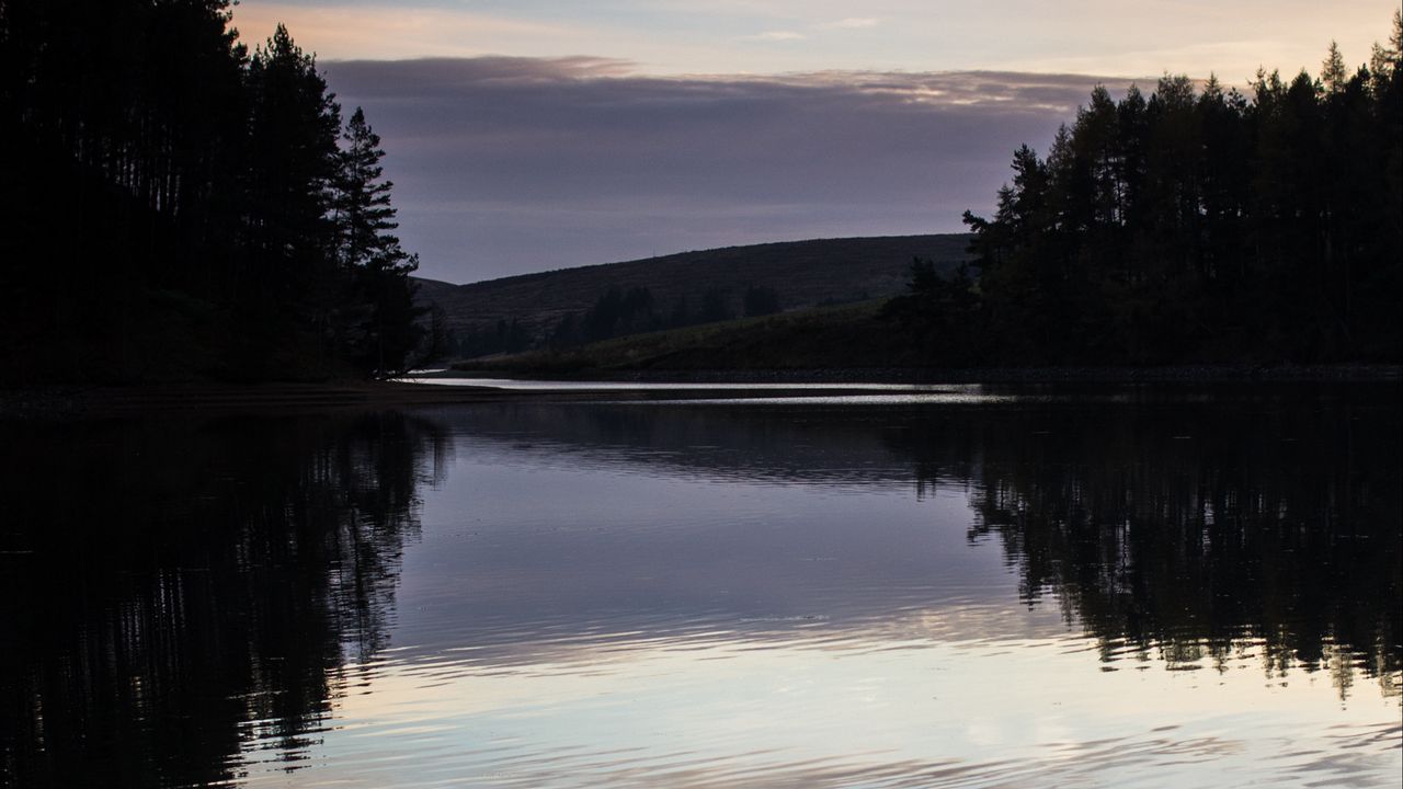 Wallpaper lake, trees, hills, twilight, landscape