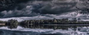 Preview wallpaper lake, trees, horizon, reflection, clouds, dark, overcast