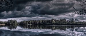 Preview wallpaper lake, trees, horizon, reflection, clouds, dark, overcast