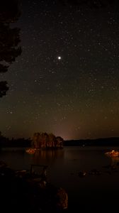 Preview wallpaper lake, trees, island, starry sky, night