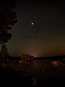 Preview wallpaper lake, trees, island, starry sky, night