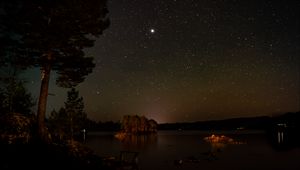 Preview wallpaper lake, trees, island, starry sky, night