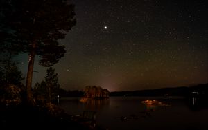Preview wallpaper lake, trees, island, starry sky, night
