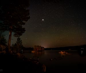 Preview wallpaper lake, trees, island, starry sky, night