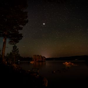 Preview wallpaper lake, trees, island, starry sky, night