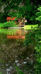 Preview wallpaper lake, trees, lodge, mooring, reflection, summer