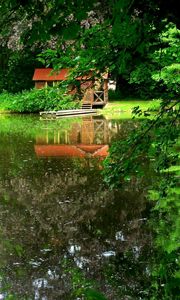 Preview wallpaper lake, trees, lodge, mooring, reflection, summer