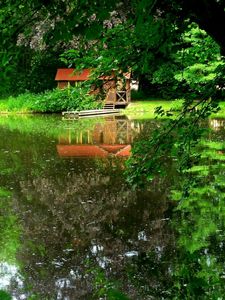 Preview wallpaper lake, trees, lodge, mooring, reflection, summer