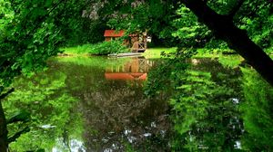 Preview wallpaper lake, trees, lodge, mooring, reflection, summer