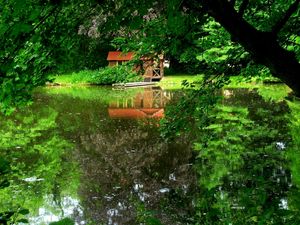 Preview wallpaper lake, trees, lodge, mooring, reflection, summer