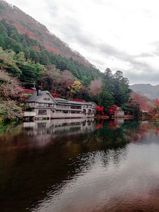 Preview wallpaper lake, trees, mountains, houses