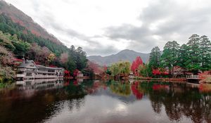 Preview wallpaper lake, trees, mountains, houses