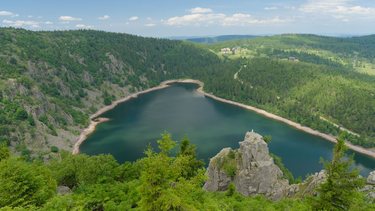 Wallpaper lake, trees, mountains, clouds, landscape