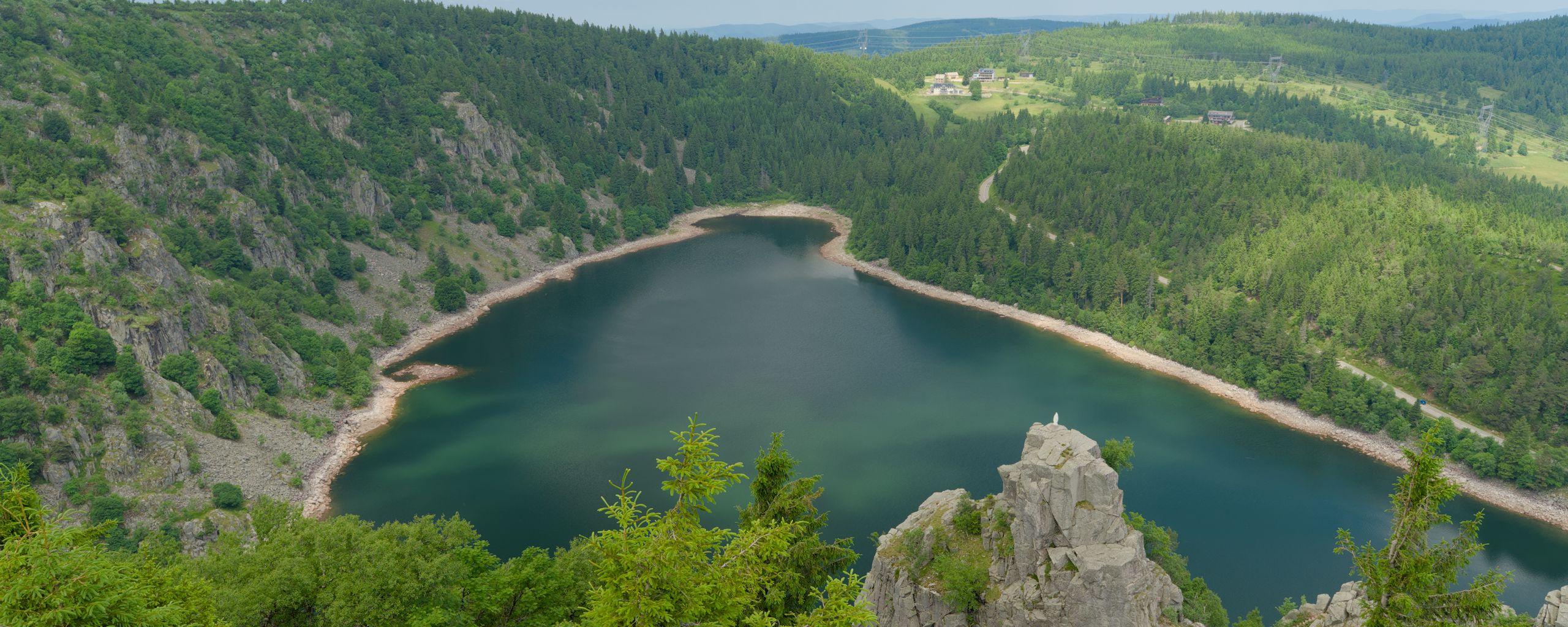 2560x1024 Wallpaper lake, trees, mountains, clouds, landscape