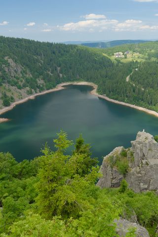 320x480 Wallpaper lake, trees, mountains, clouds, landscape