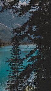 Preview wallpaper lake, trees, mountains, boat, nature