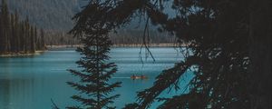 Preview wallpaper lake, trees, mountains, boat, nature