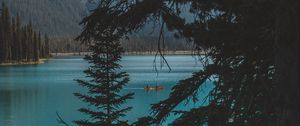 Preview wallpaper lake, trees, mountains, boat, nature