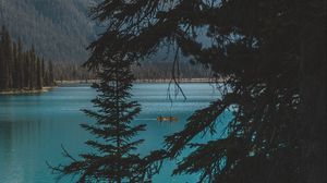 Preview wallpaper lake, trees, mountains, boat, nature